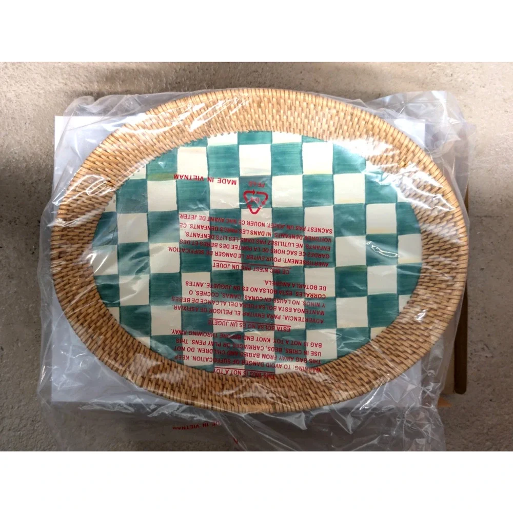 MacKenzie Childs Rattan Enamel Serving Tray Green Emerald Check Large Oval